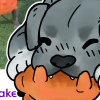 a drawing of a grey/blue pitbull mix with white paws. he is squeaking an orange pig toy.